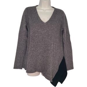 Eileen Fisher Gray Black Asymmetric hem V Neck Sweater Yak Merino Wool Sz S
